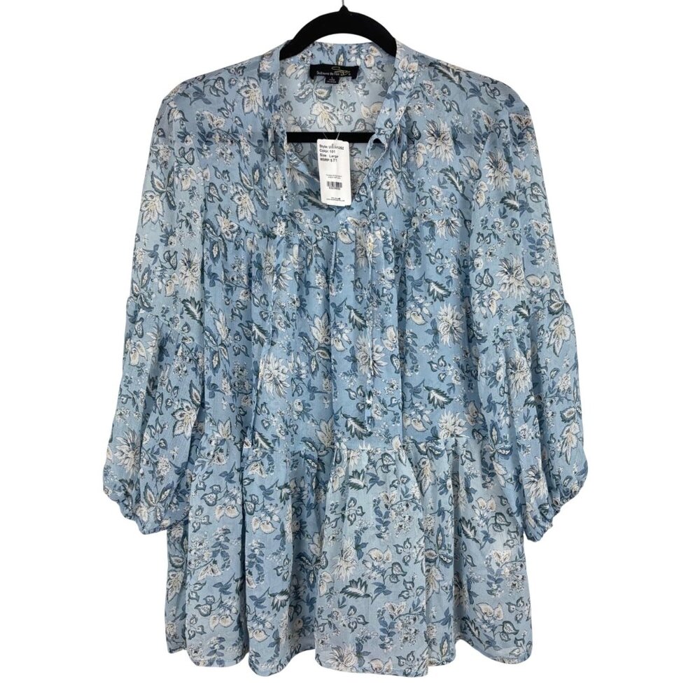 NWT  $71 Suzanne Betro L Womens Blue Floral Tiered Top Long Sleeves Lightweight